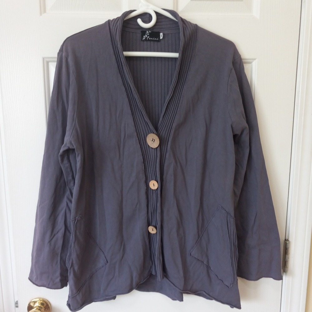 FENINI Women's Gray Cotton Button Jacket Boho Casual Minimalist Everyday Top M